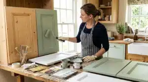Femme peignant des portes de cuisine en vert menthe
