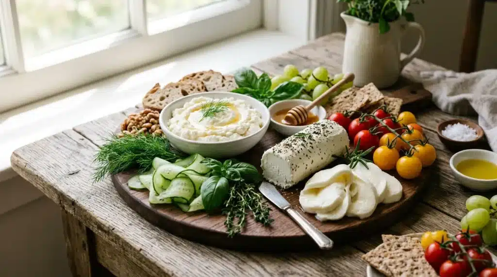 Planche de charcuterie avec fromages, légumes et pain complet