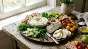 Planche de charcuterie avec fromages, légumes et pain complet