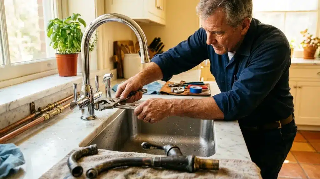 Homme en bleu réparant un robinet de cuisine avec des outils