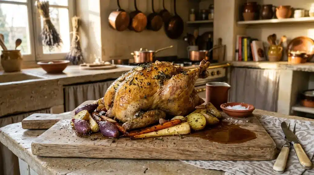 Poulet doré rôti avec légumes sur planche bois, cuisine chaleureuse
