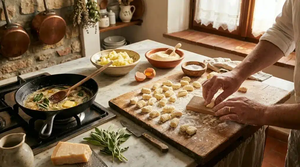 Cuisinier façonnant des gnocchis sur planche de bois