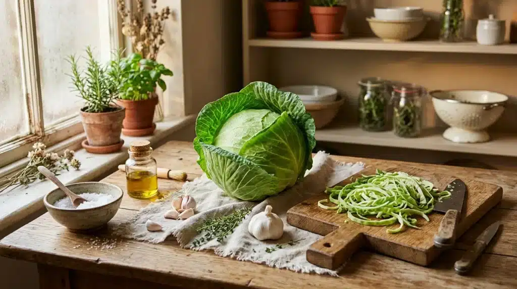 Chou frais, légumes et herbes aromatiques sur table bois