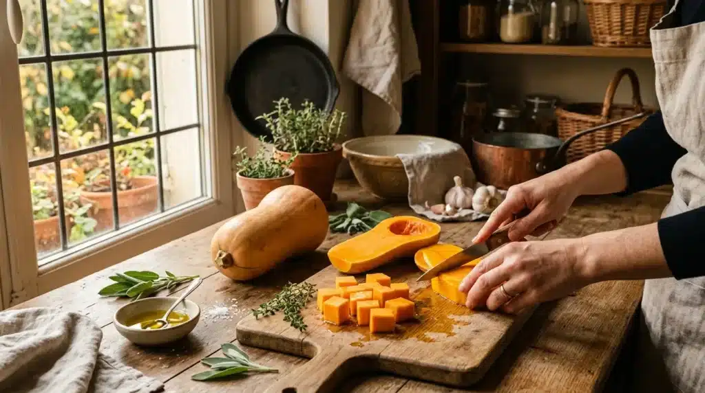 Mains coupant courge orange sur planche à découper cuisine