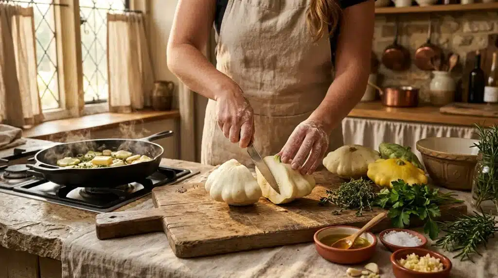 Cuisinier prépare des légumes frais dans une cuisine ensoleillée