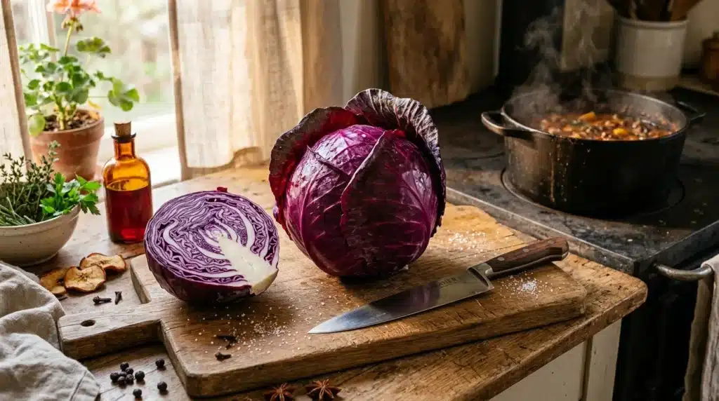 Chou rouge tranché sur planche avec couteau en cuisine rustique