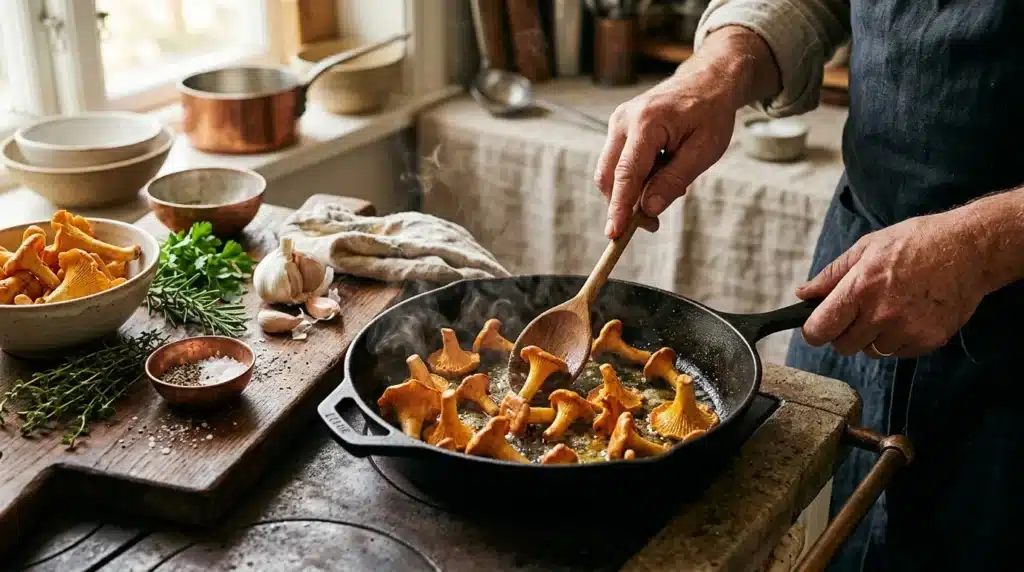 Chef cuisinant des champignons dorés à la poêle