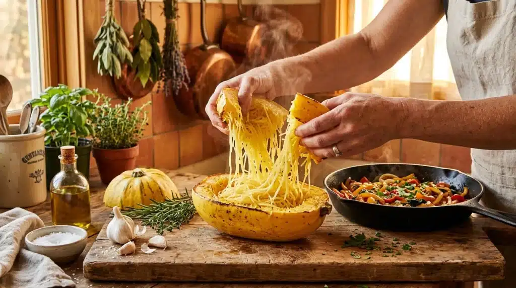 Mains tenant spaghetti de courge rôtie en cuisine