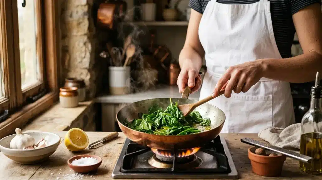 Cuisinière prépare des épinards verts dans une poêle wok.