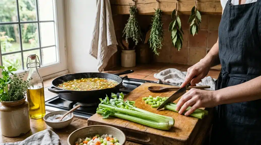 Cuisinier découpe des légumes frais dans une cuisine rustique et lumineuse