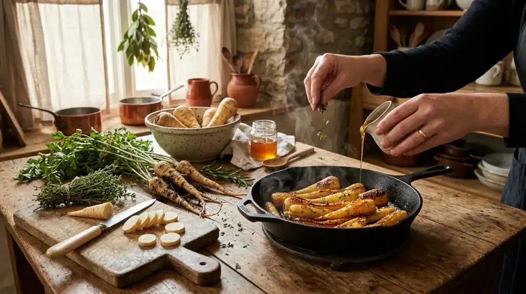 Cuisinier versant de l'huile sur carottes rôties en poêle