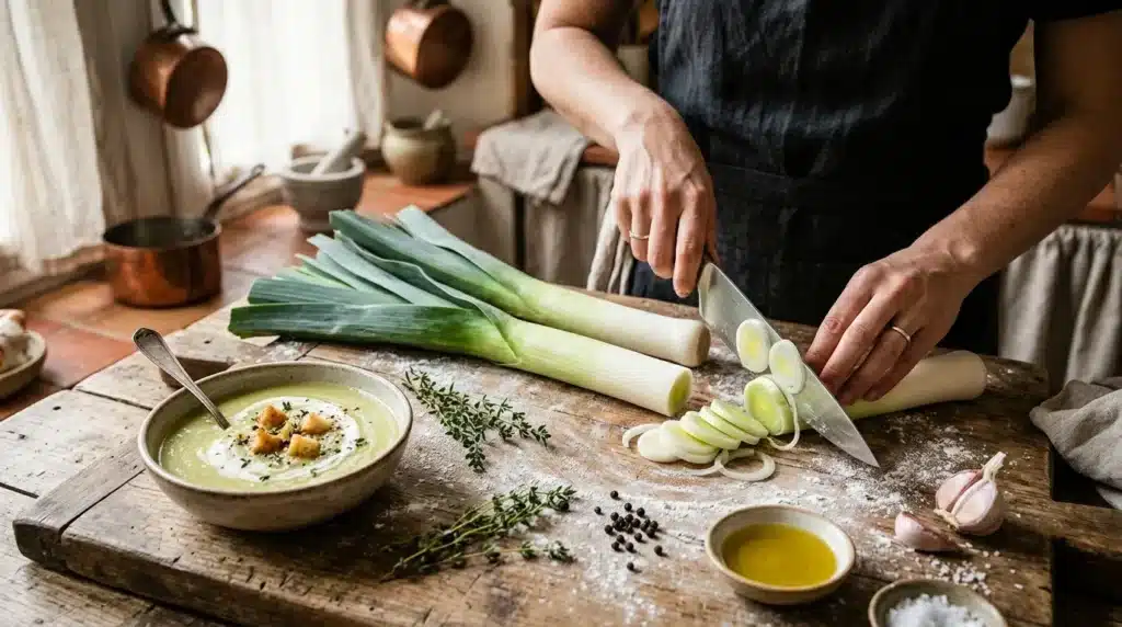 Chef tranchant des poireaux frais sur planche de bois rustique