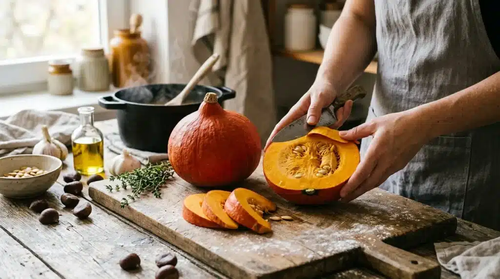 Mains coupant une courge orange sur planche à découper
