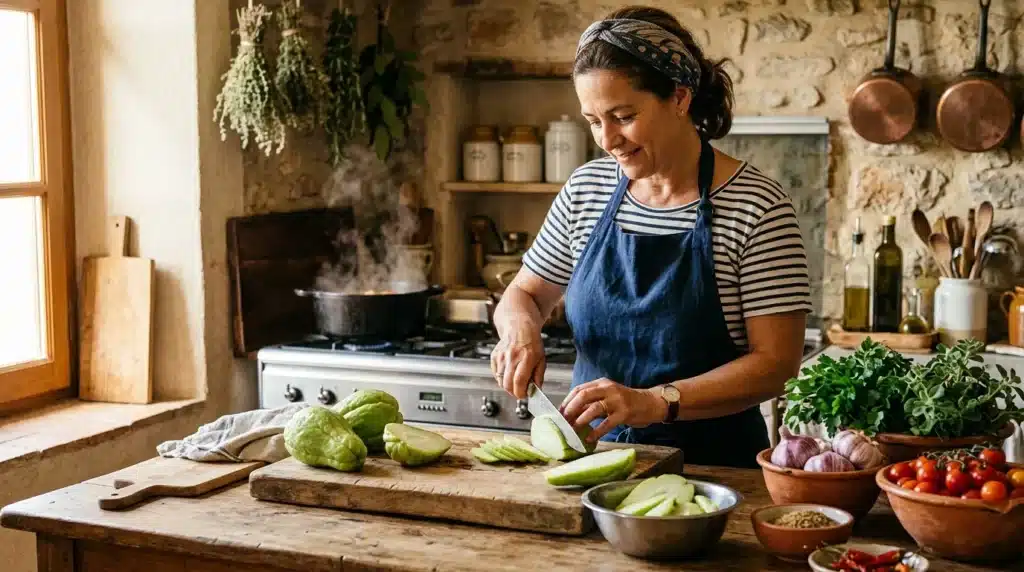 Femme coupe légumes frais dans cuisine traditionnelle