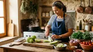 Femme coupe légumes frais dans cuisine traditionnelle