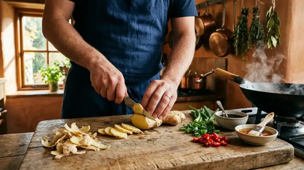 Homme épluchant gingembre sur planche à découper en bois