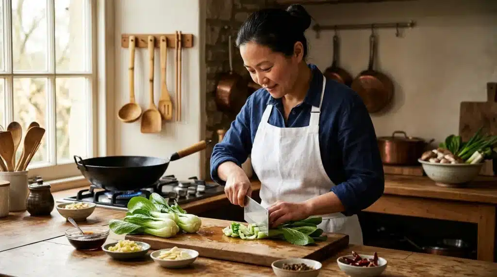 Femme préparant des légumes frais sur une planche de bois