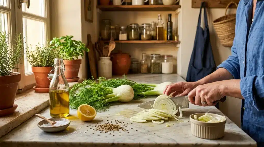 Personne coupant des oignons frais à la cuisine, fenêtre ensoleillée