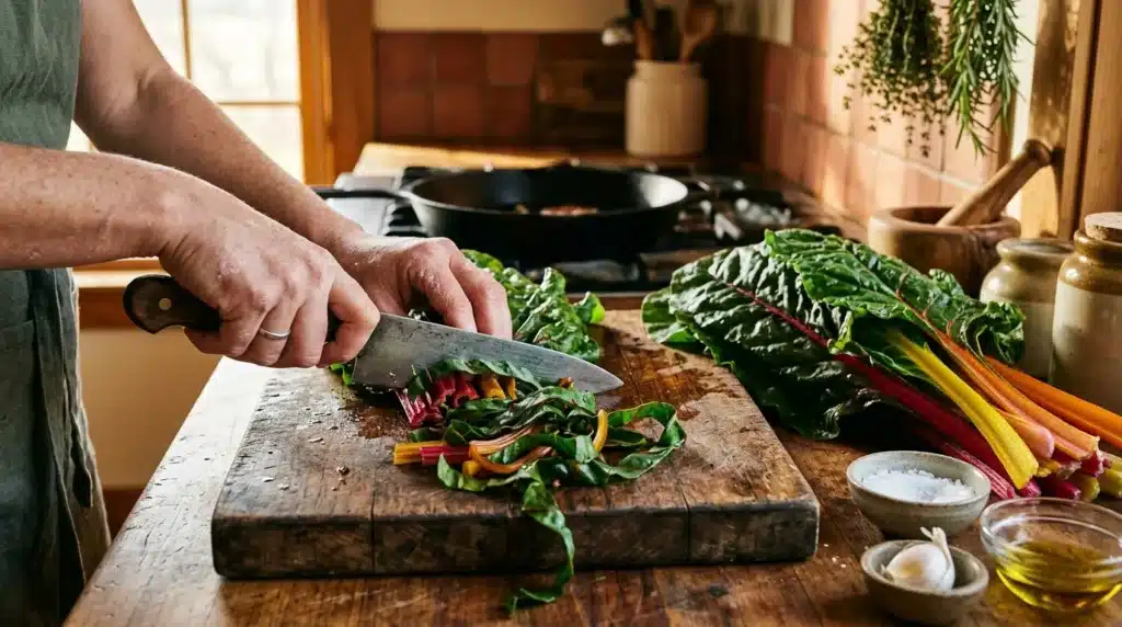 Homme haché blettes colorées sur planche bois cuisine