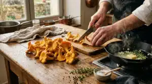 Chef coupe des champignons dorés sur planche de bois