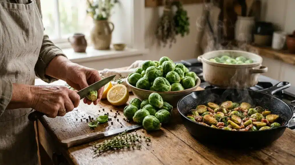 Chef préparant des choux de Bruxelles frais à la cuisine