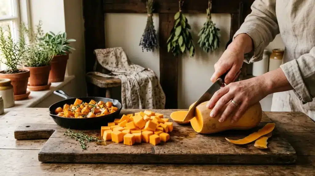 Mains pelant une courge butternut sur planche bois rustique