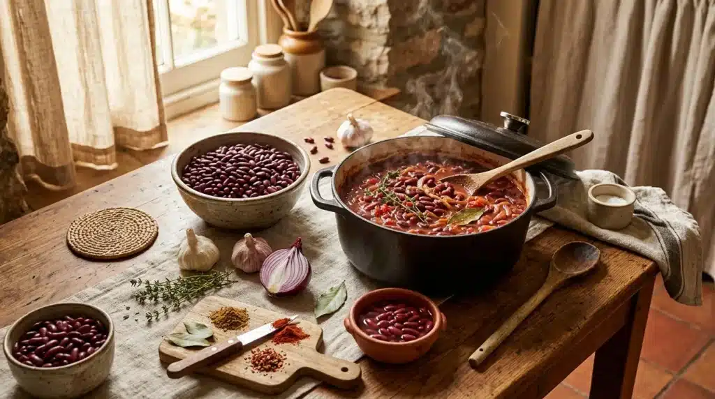 Cuisine rustique avec haricots rouges, épices et légumes frais