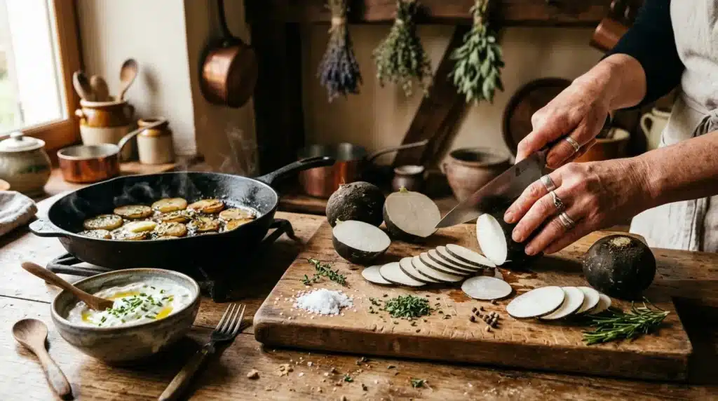Cuisiner tranchant des pommes de terre sur planche bois