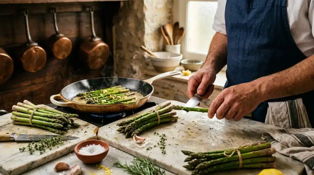 Chef prépare asperges fraîches sur plan de travail en marbre
