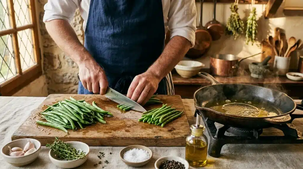 Chef cuisine haricots verts à la planche avec couteau professionnel