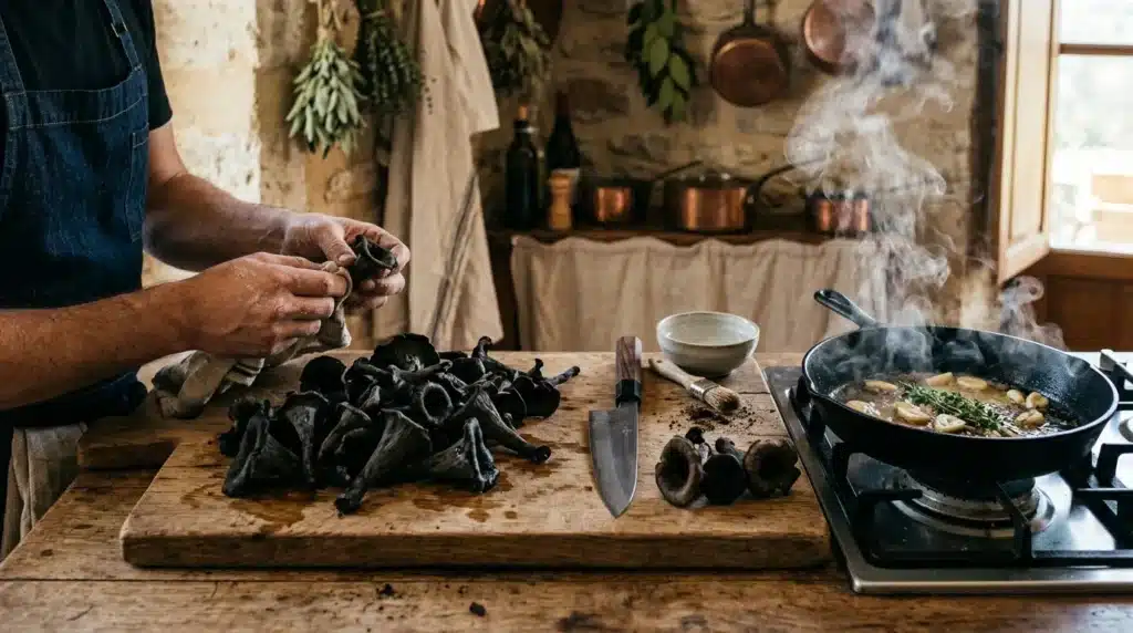 Chef préparant des moules noires fraîches en cuisine traditionnelle