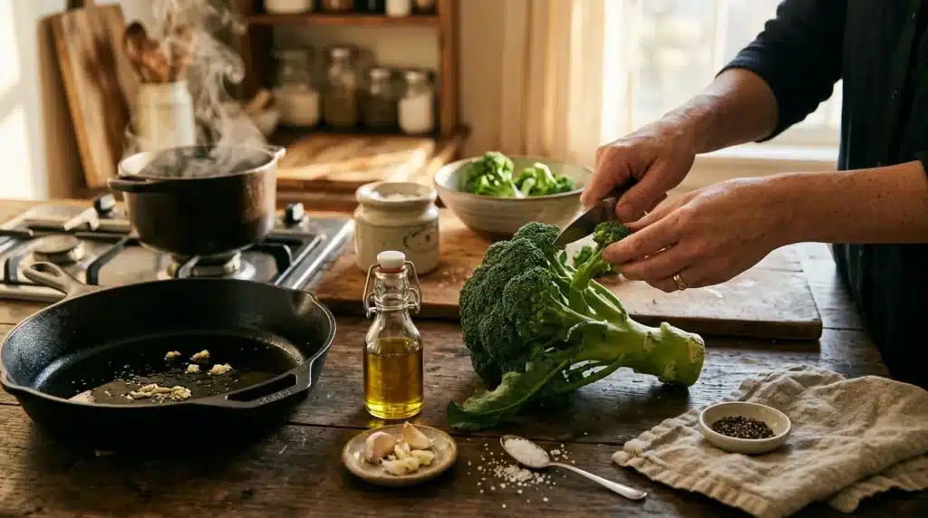 Mains préparant du brocoli dans une cuisine ensoleillée