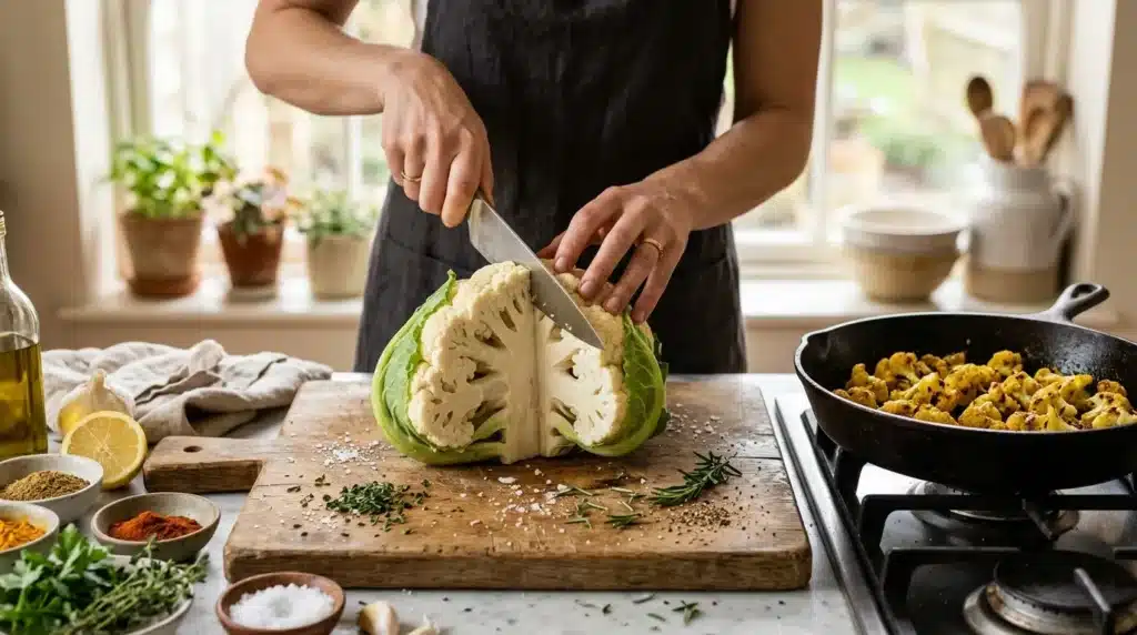 Chef tranchant du chou-fleur frais sur planche bois