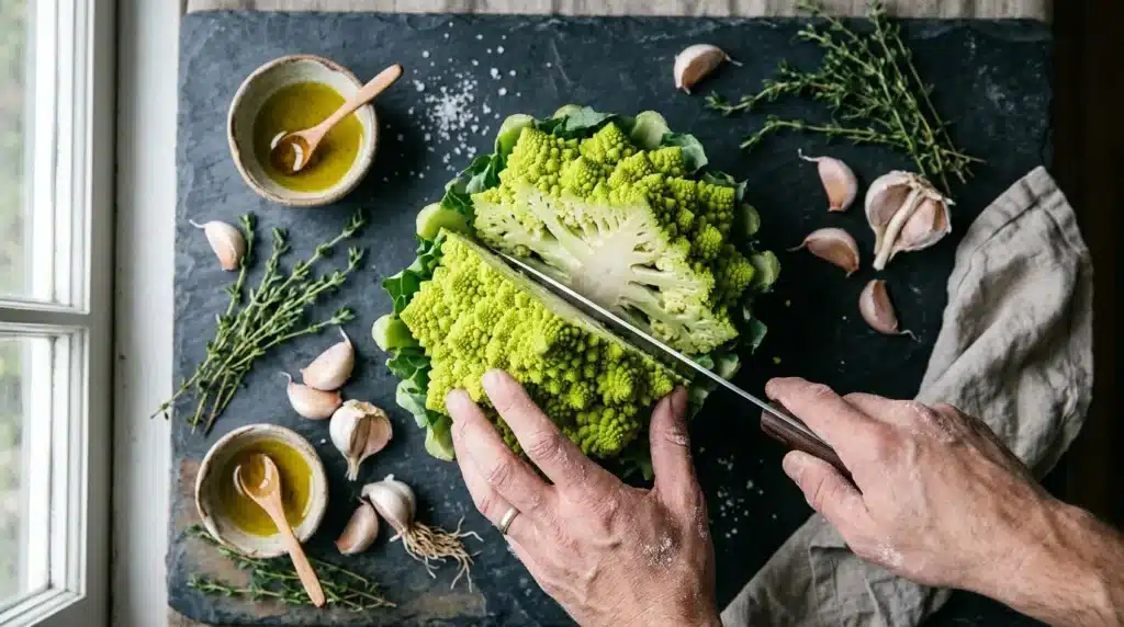 Chef coupant chou-fleur romanesco avec ail et herbes