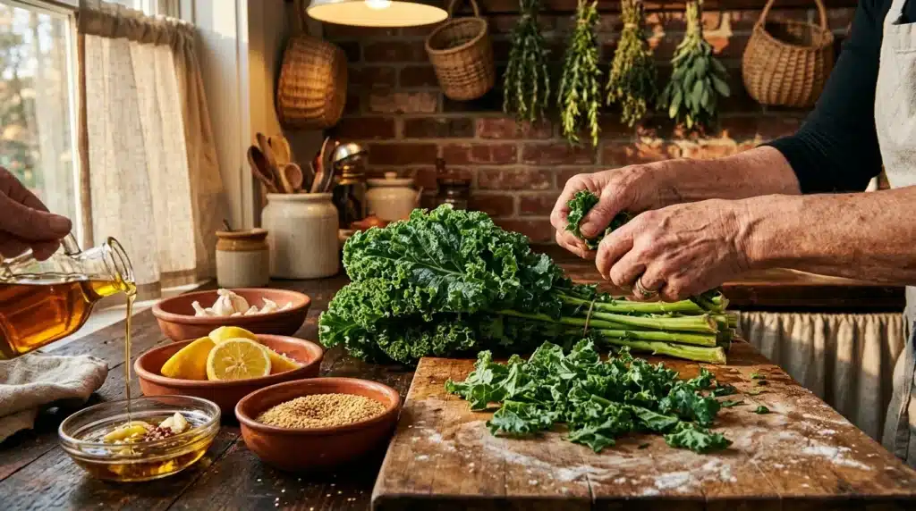 Mains préparant du chou frisé frais en cuisine
