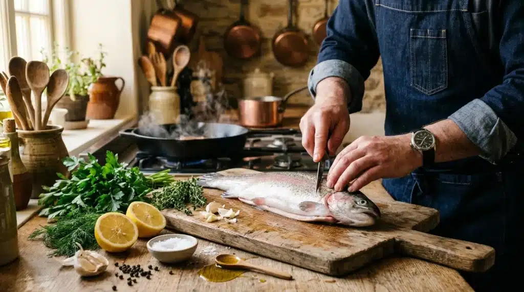 Chef prépare un poisson frais sur planche à découper