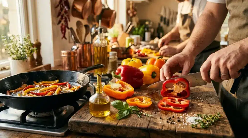 Homme préparant des poivrons colorés sur planche à découper