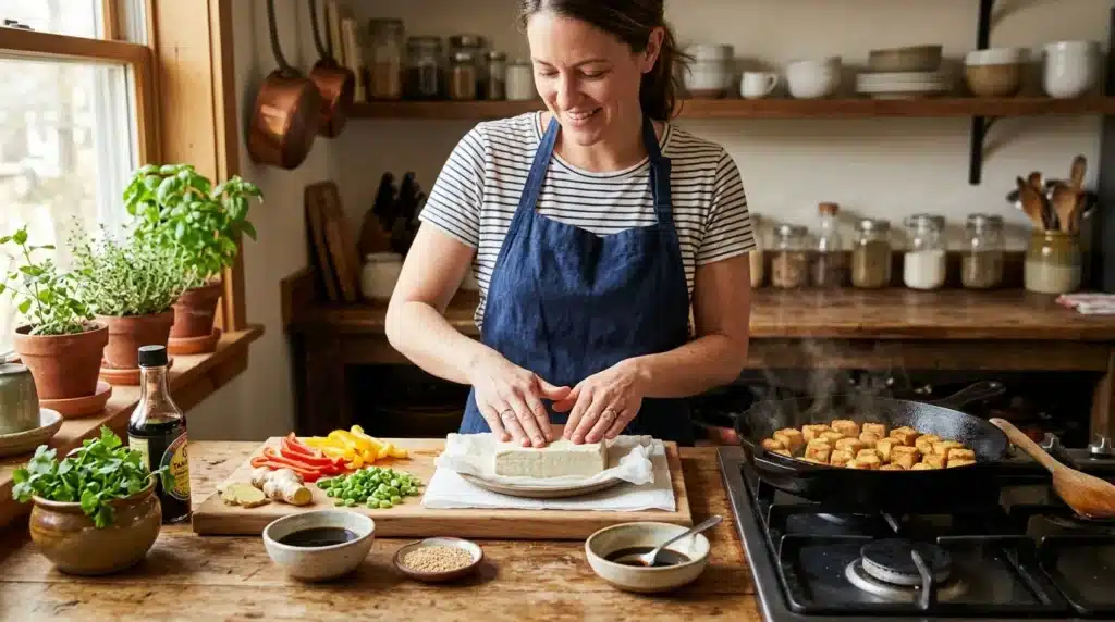 Femme préparant un repas dans une cuisine moderne et lumineuse