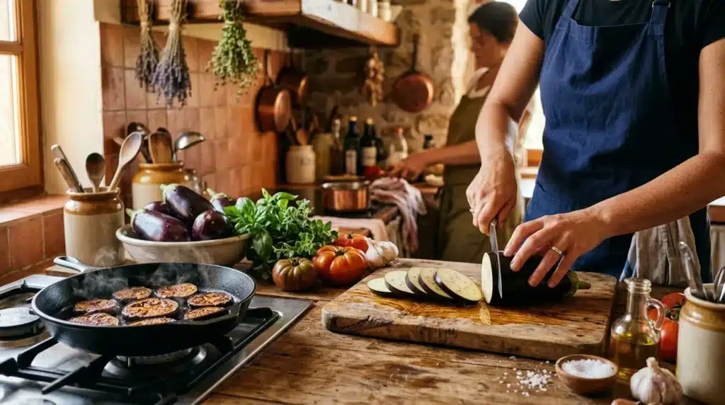 Chef prépare des légumes frais dans une cuisine traditionnelle.