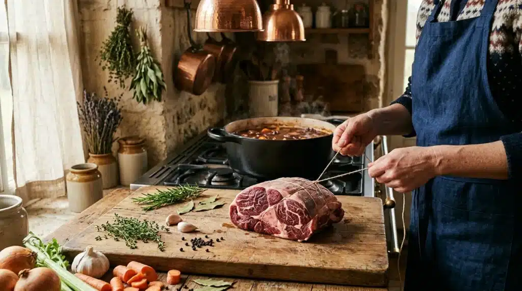 Cuisinier prépare viande sur planche, pot mijote à l'arrière