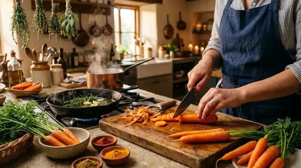 Chef découpe des carottes sur planche bois en cuisine