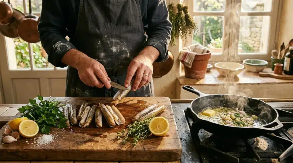 Chef prépare poissons frais sur planche à découper