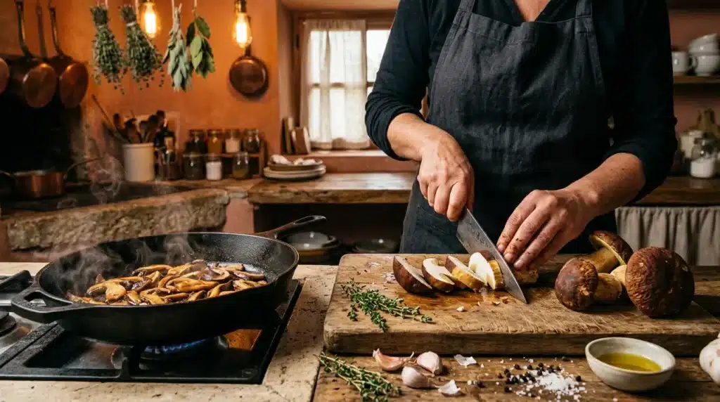 Chef en apron préparant des champignons dans cuisine chaleureuse