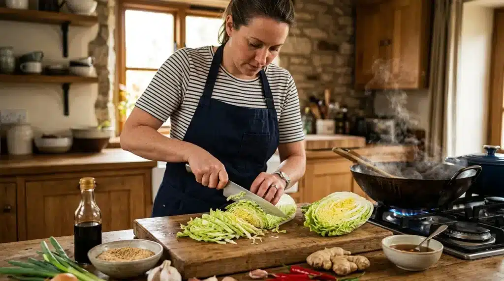 Femme cuisine chou frais dans cuisine rustique équipée.