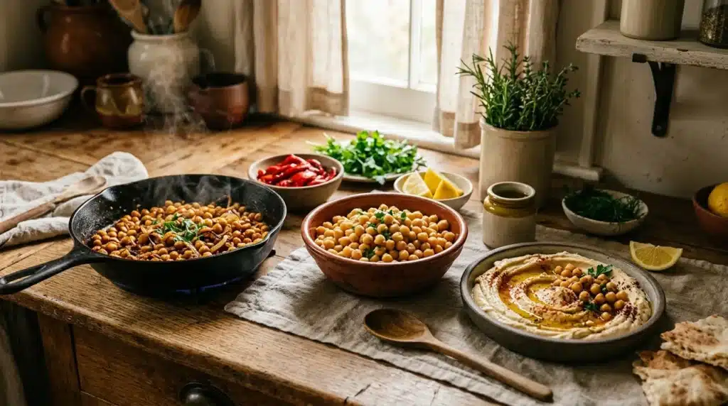 Cuisine avec pois chiches, hummus et ingrédients frais