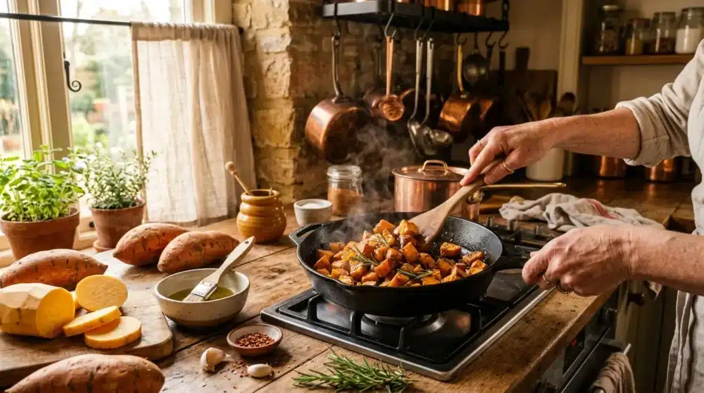 Chef cuisinant des patates douces dans une poêle, cuisine rustique