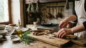 Chef prépare légumes à la planche dans cuisine rustique