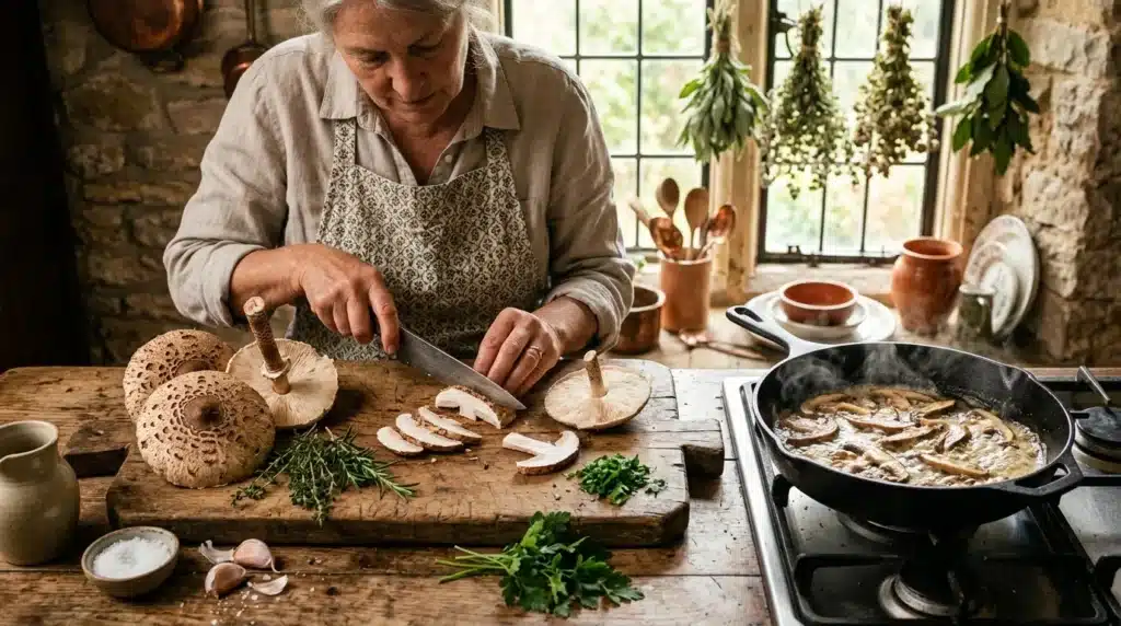 Femme préparant des champignons dans une cuisine rustique.