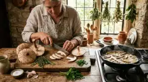 Femme préparant des champignons dans une cuisine rustique.