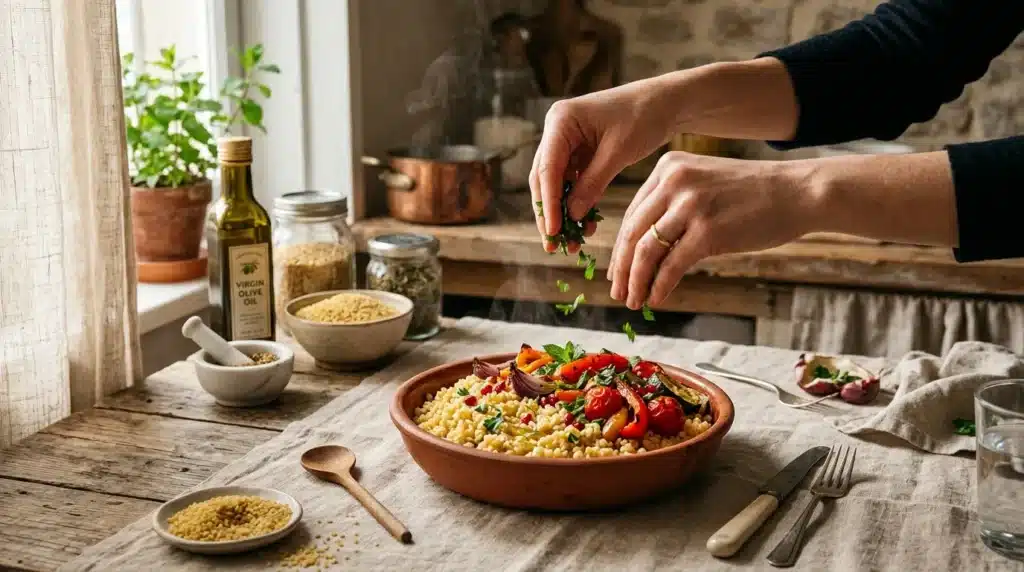 Mains garnissant un plat de couscous aux légumes grillés